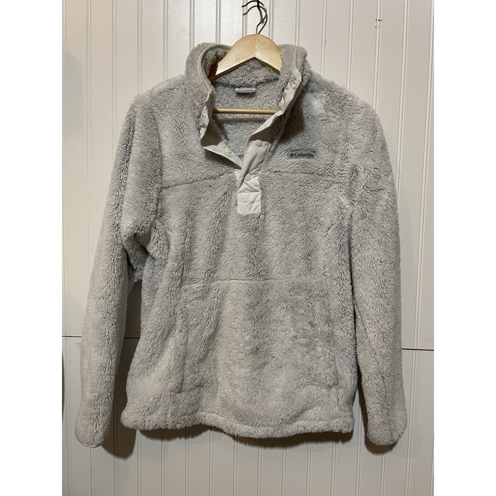 Columbia Sherpa Womens Grey Hooded Fleece Large‎ 1/4 Button Pullover